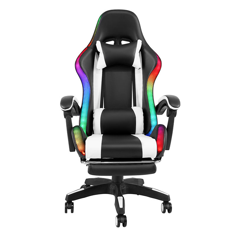Fehér professzionális forgatható, állítható RGB Gamer állítható kartámasz Led játékszék lábtartóval (Y-2442)